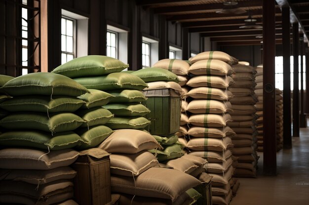 Photo generative ai stack hemp sacks of rice or coffee industrial storage