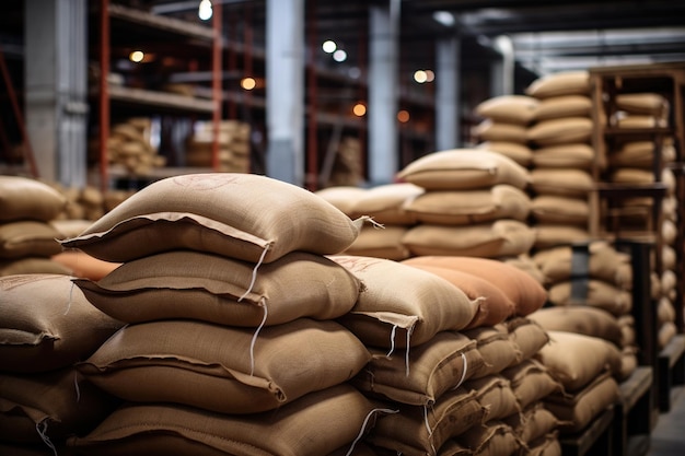 Photo generative ai stack hemp sacks of rice or coffee industrial storage