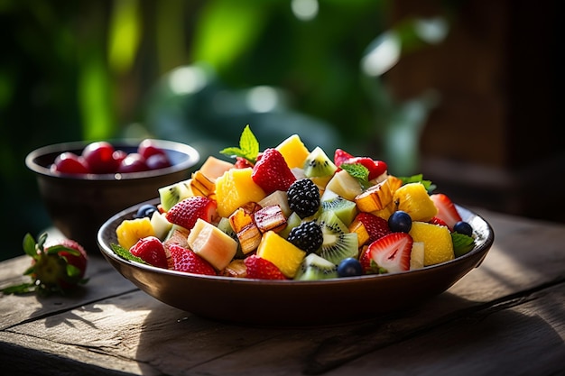 An Generative AI Still Life Closeup Vibrant Image of Fresh Mixed Fruit Salad on a Rustic Table