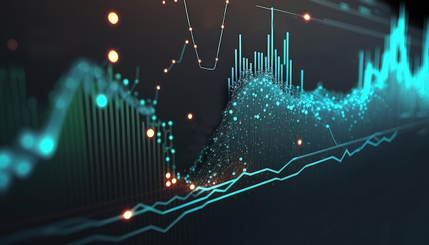 Il grafico generativo del mercato azionario ai allinea il grafico finanziario su sfondo astratto tecnologico