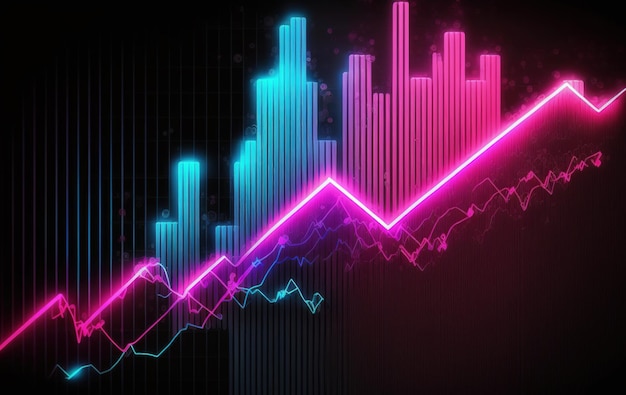 Generative AI stock market chart lines financial graph on technology in blue and pink neon colors