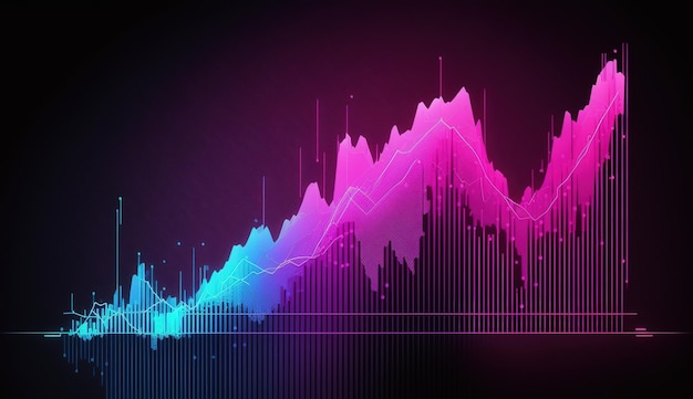 生成 AI 株式市場チャートは、青とピンクのネオンでテクノロジーに関する財務グラフを線します