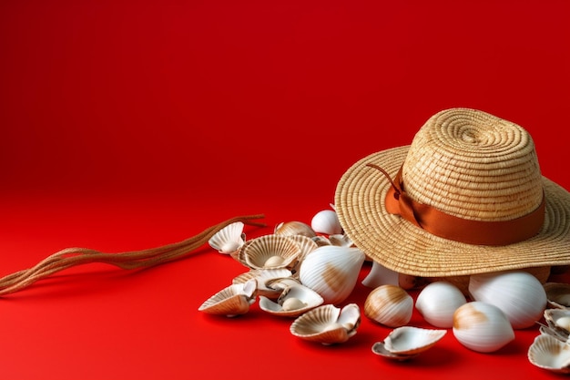 Generative ai Straw hat and seashells minimal Copy space High quality illustration