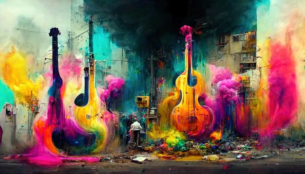 Generative AI Street art with keys and musical instruments silhouettes Ink colorful graffiti art