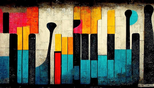 Generative AI Street art with keys and musical instruments silhouettes Ink colorful graffiti art