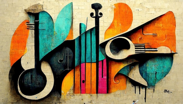 Generative AI Street art with keys and musical instruments silhouettes Ink colorful graffiti art