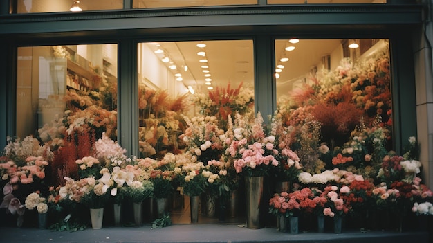 Foto negozio di fiori di strada ai generativo con fiori colorati estetici colori tenui