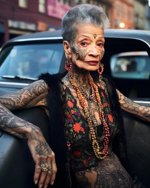 Generative ai stylish elderly tattoed woman posing outdoors city streets