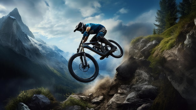 Generative AI A stylized depiction of a mountain bike rider performing a thrilling jump on a challenging trail amidst picturesque mountainous landscapes