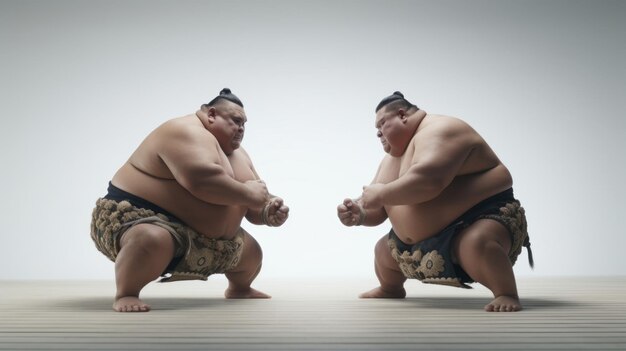 Generative AI Sumo wrestlers engaged in early morning rituals including traditional purifying ceremonies