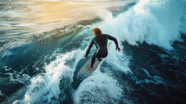 Foto generative ai surfer è sulla tavola da surf sulla cresta di un'onda nell'oceano