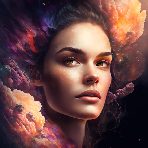 Generative ai surreal abstract portrait young beautiful woman in outer space