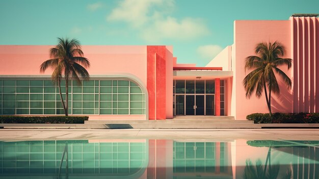 Photo generative ai surreal miami city with deco retro buildings pink and blue colors summer vibes