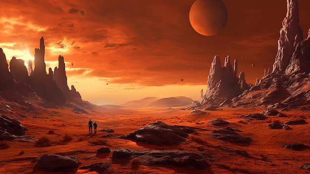 Generative AI Surreal view from the orange planet landscape scifi illustration red martian terrain