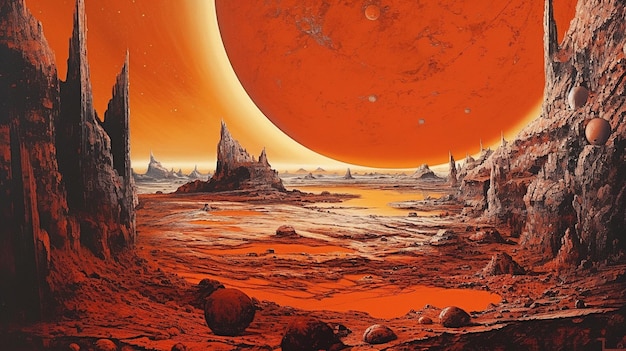 주황색 행성 풍경 공상 과학 그림 붉은 화성 지형에서 생성 AI 초현실적 보기