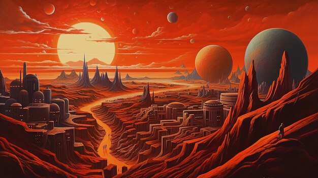 Photo generative ai surreal view from the orange planet landscape scifi illustration red martian terrain