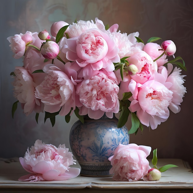 Generative AI Sweet Pink Peonies on a White Canvas