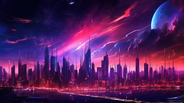 Generative AI Synthwave style of a futuristic city cityscape with neon lights and sky red and purple