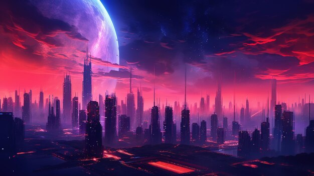Генеративный AI Synthwave стиль футуристического городского пейзажа с неоновыми огнями и небесным красным и фиолетовым