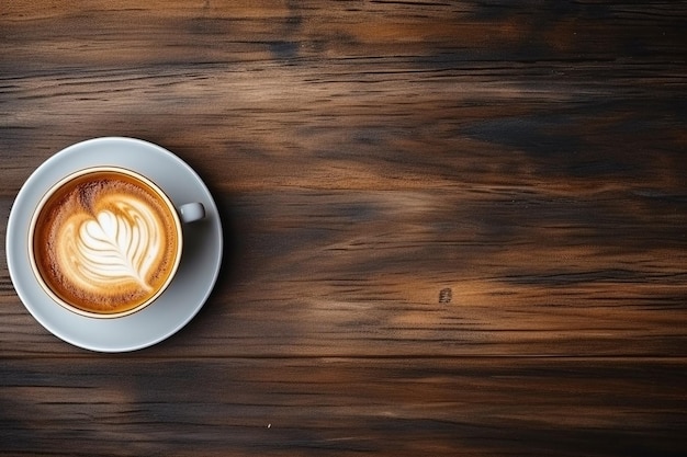 製品とホット コーヒーのカップのための空きスペースの生成 AI テーブルの背景カフェ インテリア