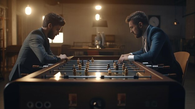 푸즈볼 테이블에서 두 명의 사업가가 생성 AI 테이블 축구를 하고 있습니다.