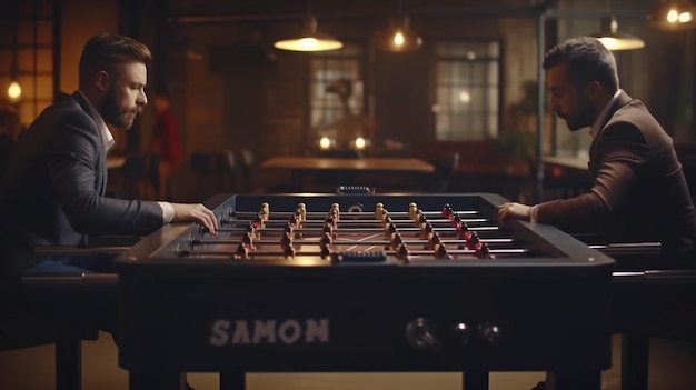 Generative AI table football is being played by two businesspeople at the foosball table