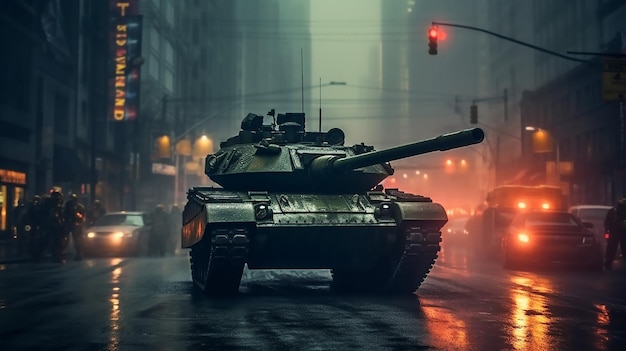 Generative AI a tank goes down a city street