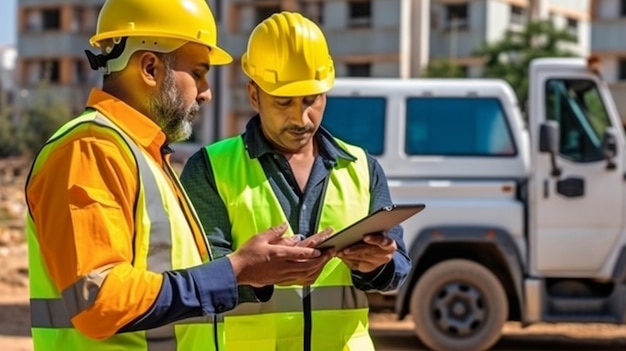 Generative AI a team of construction workers engineers and architects working on a large building site