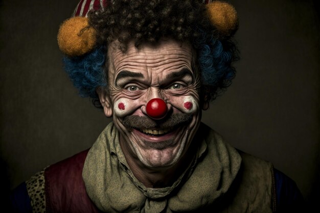 Generative AI technology crazy creepy disturbing clown laughing on isolated background