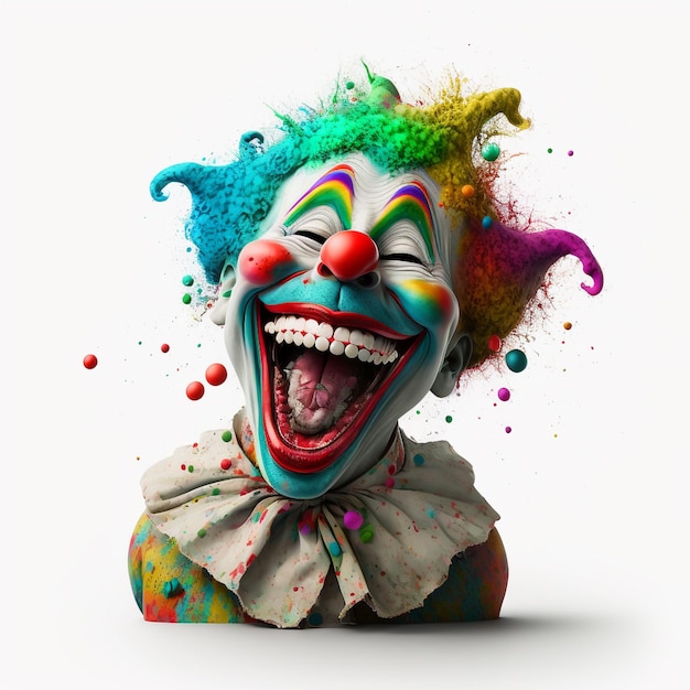 Generative AI technology crazy creepy disturbing clown laughing on white background