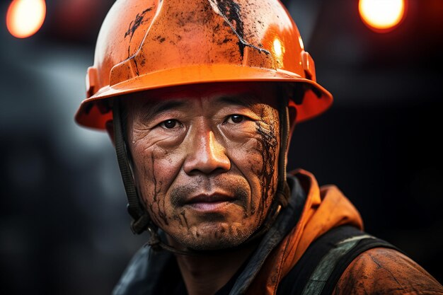 Generative ai technology portrait of mine worker wearing helmet extracting coal resources dirty face