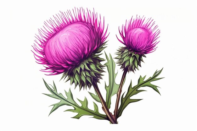 Generative AI Thistle plant watercolor illustration Hand drawn thistle pink flowers with green le