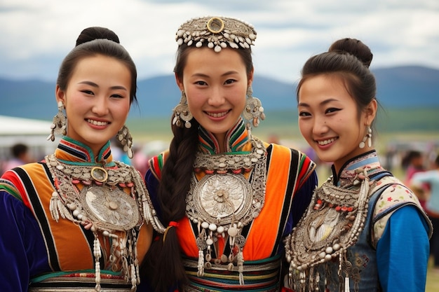 ウランバタール (モンゴル) のナアダム (Naadam) の際に伝統的な服を着た3人の女性