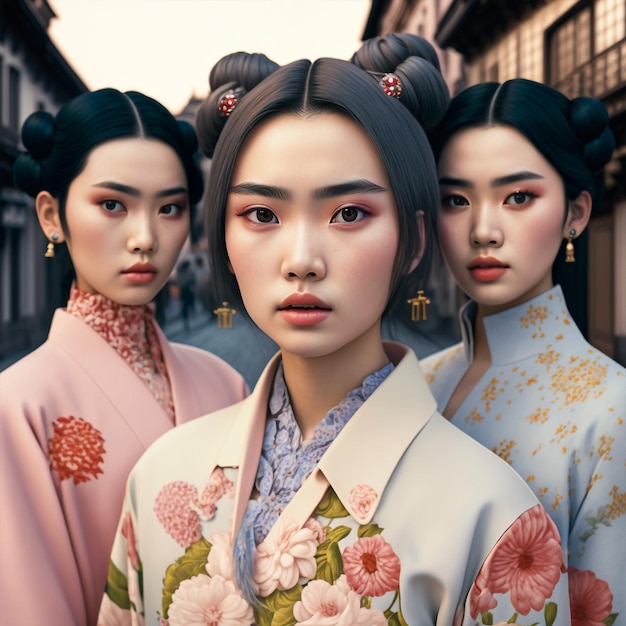 Generative ai three young fashionable asiatic women models standing outdoors confident