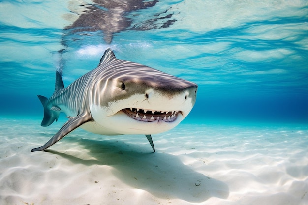 Generative AI Tiger Shark Up Close Full Body Shot Stripes showing in clear blue water with white