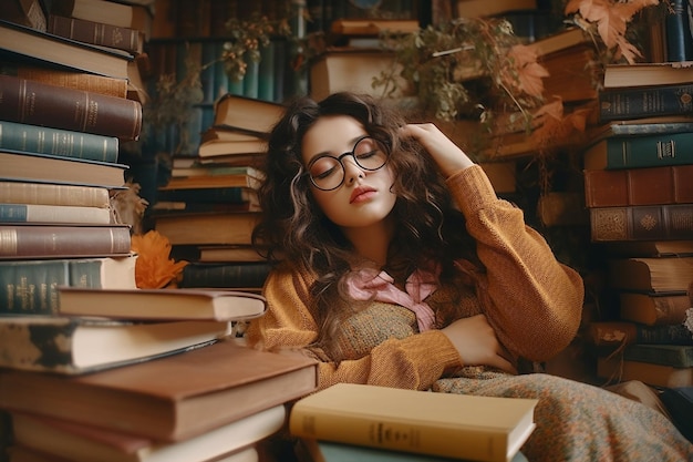 Photo generative ai tired student girl with glasses sleeping on the books in the library