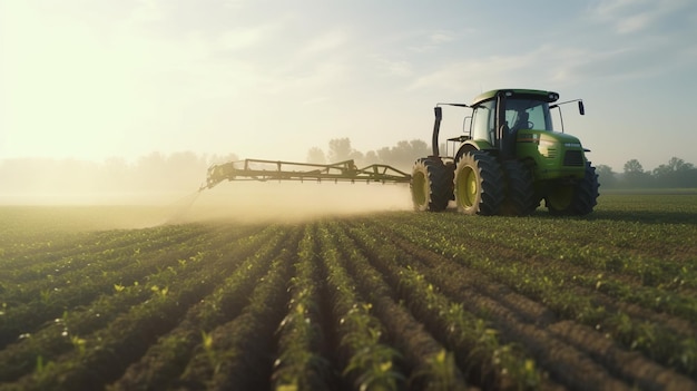 Generative ai trattore che irrora un campo paesaggio agricolo bella campagna agricola