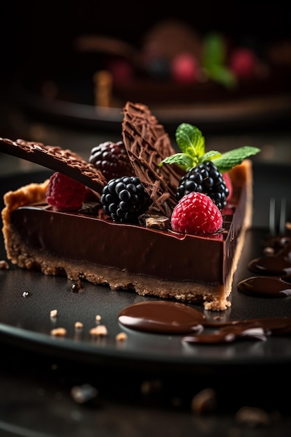 Generative ai traditional homemade dark chocolate tarte decorated with berries