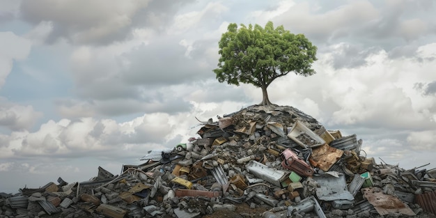 사진 생성 인공지능 나무는 쓰레기 매립지에서 쓰레기 오염 환경 개념에서 성장하고 있습니다.