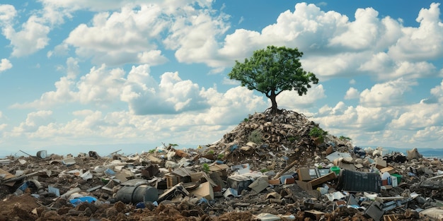 사진 생성 인공지능 나무는 쓰레기 매립지에서 쓰레기 오염 환경 개념에서 성장하고 있습니다.