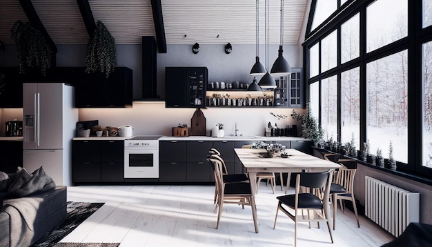 Generative AI trendy nordic kitchen in loft apartment