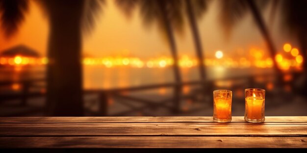 Generative ai tropical summer sunset beach bar background wooden table