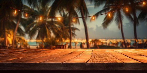 Photo generative ai tropical summer sunset beach bar background wooden table