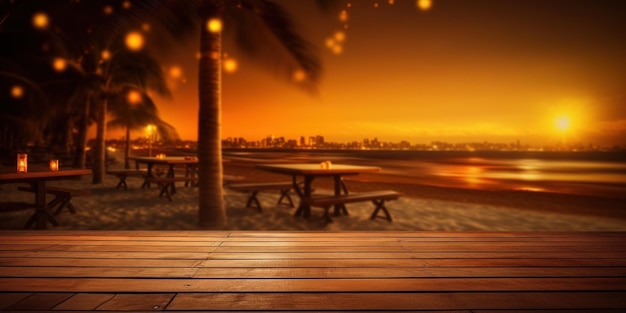 Generative AI Tropical summer sunset beach bar background Wooden table
