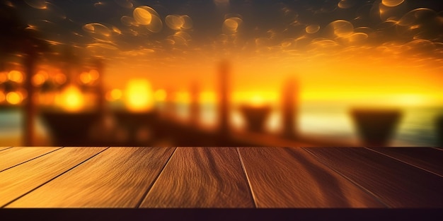 Generative ai tropical summer sunset beach bar background wooden table