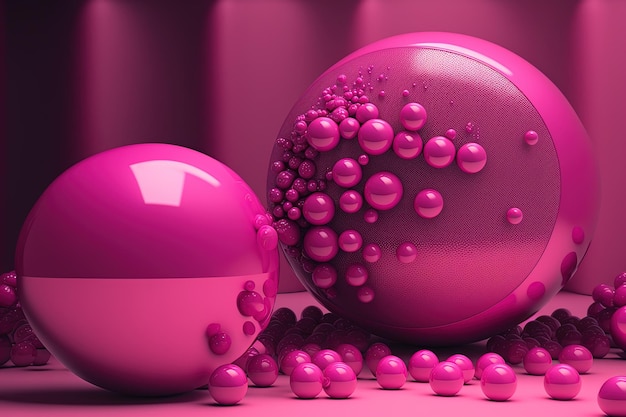 Generative AI Two big spheres and little beads balls in magenta color Glossy pink fluid banner