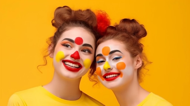 Generative AI Two Happy Young Clown Girls on a Yellow Background