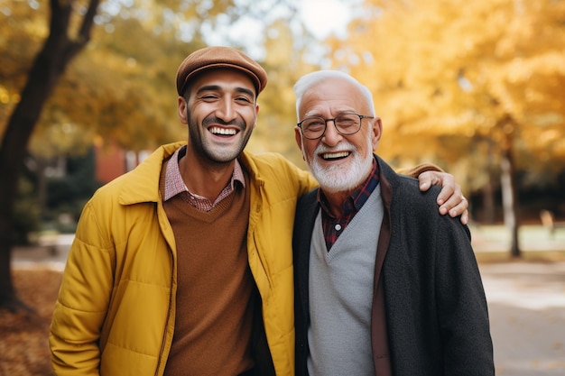 Generative AI Two senior men having a friendly conversation outside with autumn leaves