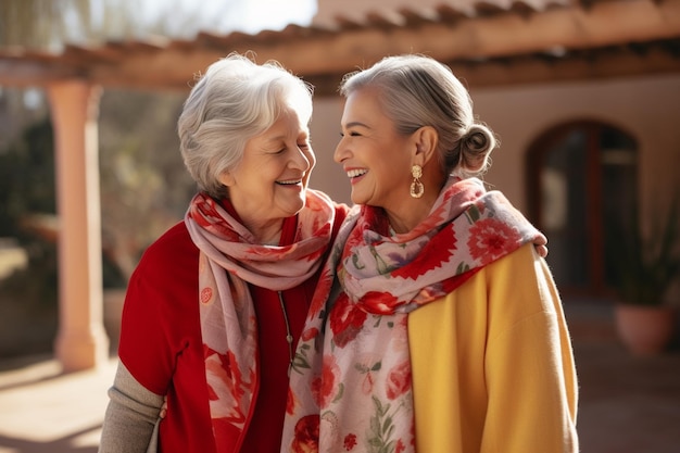 Generative AI Two senior women having a friendly conversation outside with autumn leaves