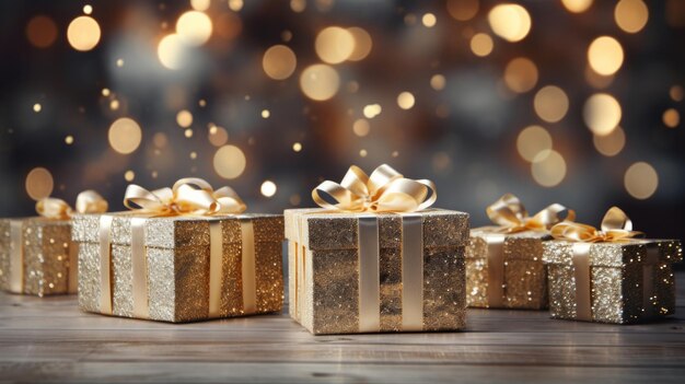 Generative AI Ultrarealistic depiction of elegant white and gold Christmas presents arranged